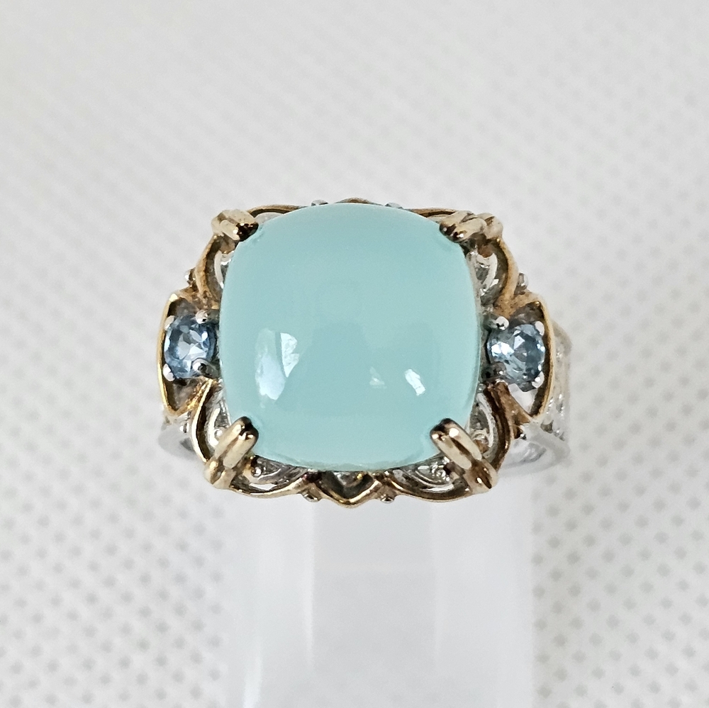 Genuine Gems en Vogue Cushion Chalcedony & Swiss Blue Topaz Ring Sz 8! - Picture 4 of 6